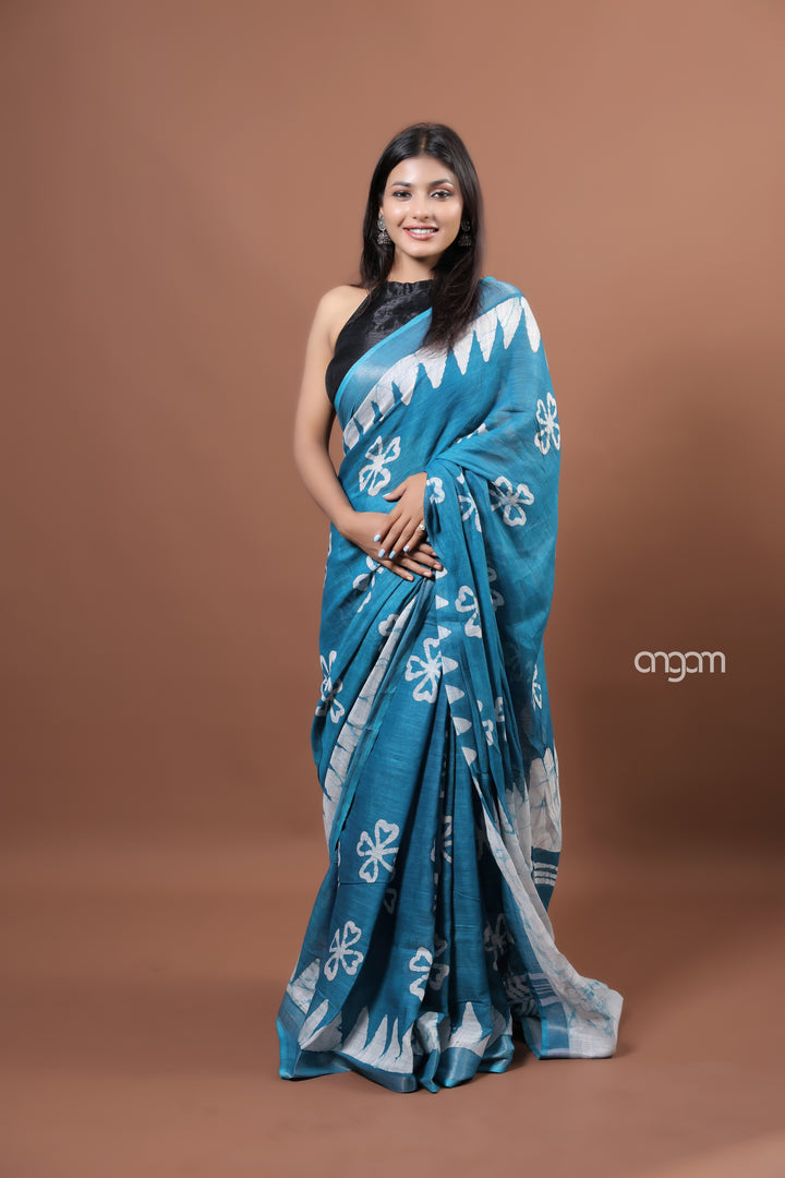 Elegant Blue Cotton Slub Saree with White Handcrafted Batik Prints