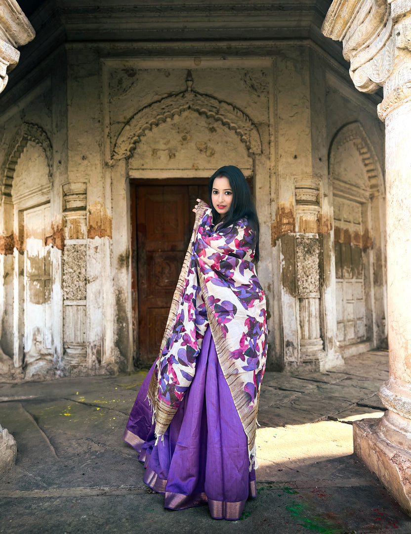 Ivory Tussar Silk Dupatta with Purple and Pink Leaf Print