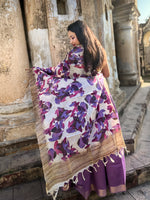 Load image into Gallery viewer, Ivory Tussar Silk Dupatta with Purple and Pink Leaf Print
