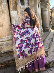 Ivory Tussar Silk Dupatta with Purple and Pink Leaf Print