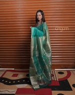 Load image into Gallery viewer, Graceful Green Organza Saree with Golden Zari Border for Elegance
