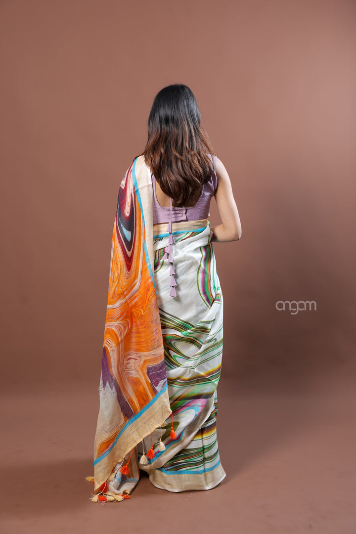 Multicolor Linen Digital Print Saree with Artistic Abstract Design