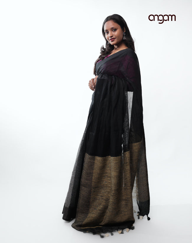 Classic Black Linen Saree with Elegant Sheer Texture and Border