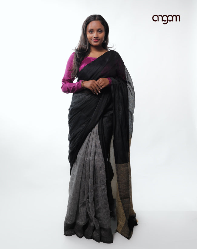 Classic Black Linen Saree with Elegant Sheer Texture and Border