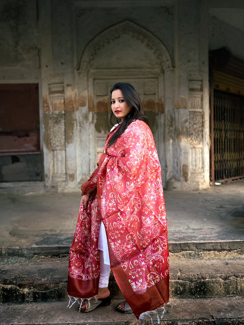 Rust Red Tussar Silk Dupatta with Elegant Floral Vine Design