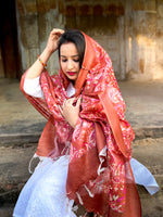 Load image into Gallery viewer, Rust Red Tussar Silk Dupatta with Elegant Floral Vine Design
