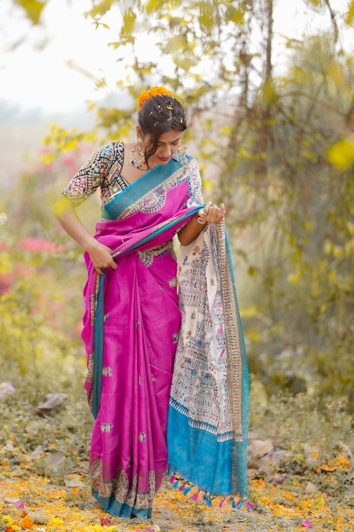 Pink and Blue Malbari Silk Saree with Elephant Motifs