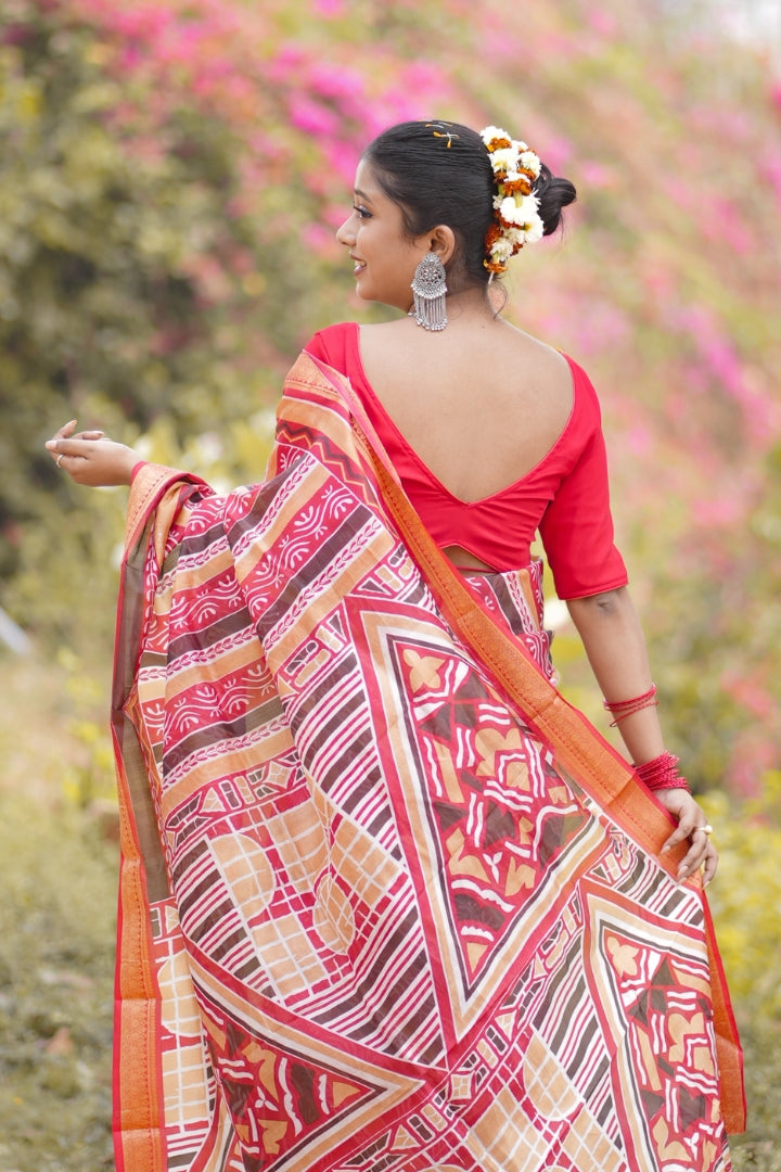 Elegant Red Malbari Silk Saree with Traditional Tribal Patterns