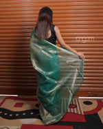 Load image into Gallery viewer, Graceful Green Organza Saree with Golden Zari Border for Elegance
