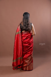 Stunning Red Art Dupion Silk Saree with Golden Zari Border
