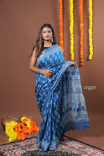 Load image into Gallery viewer, Graceful Blue Cotton Slub Saree with Elegant Prints and Border
