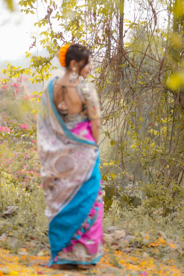 Pink and Blue Malbari Silk Saree with Elephant Motifs