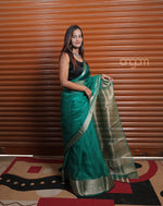 Load image into Gallery viewer, Graceful Green Organza Saree with Golden Zari Border for Elegance
