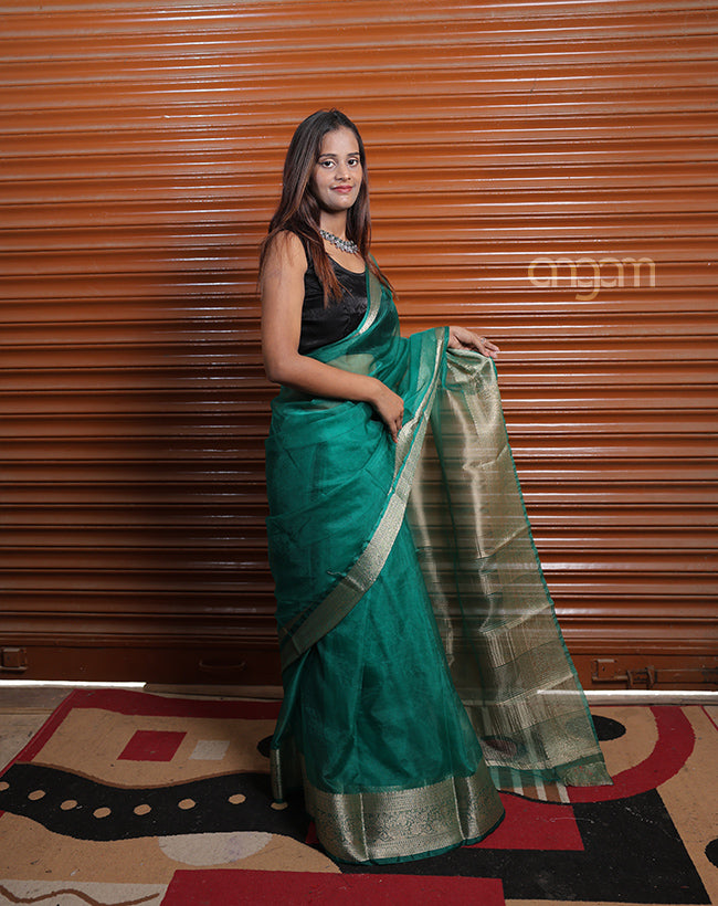 Graceful Green Organza Saree with Golden Zari Border for Elegance
