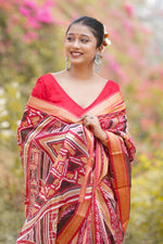 Load image into Gallery viewer, Elegant Red Malbari Silk Saree with Traditional Tribal Patterns
