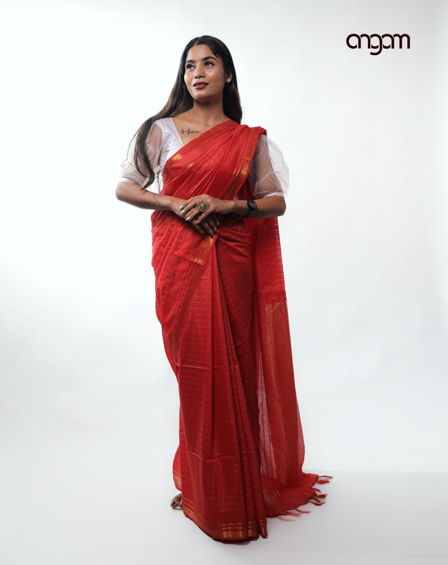 Graceful Red Liva Saree with Subtle Golden Border and Checks