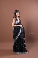 Load image into Gallery viewer, Elegant Black Linen Saree with Silver Border and Subtle Motifs
