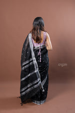 Load image into Gallery viewer, Elegant Black Linen Saree with Silver Border and Subtle Motifs
