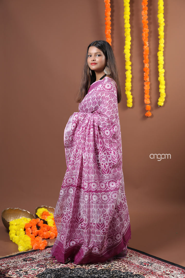Elegant Pink Cotton Slub Saree with Intricate Patterns and Border