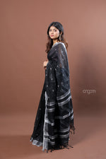 Load image into Gallery viewer, Elegant Black Linen Saree with Silver Border and Subtle Motifs
