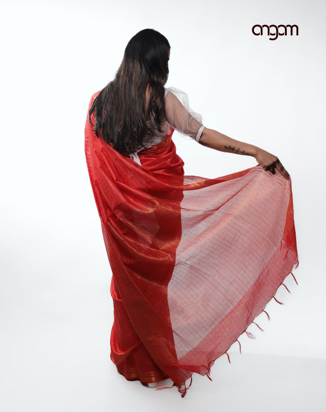 Graceful Red Liva Saree with Subtle Golden Border and Checks