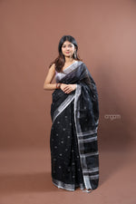 Load image into Gallery viewer, Elegant Black Linen Saree with Silver Border and Subtle Motifs
