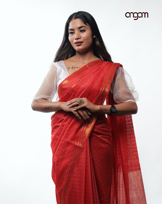 Graceful Red Liva Saree with Subtle Golden Border and Checks