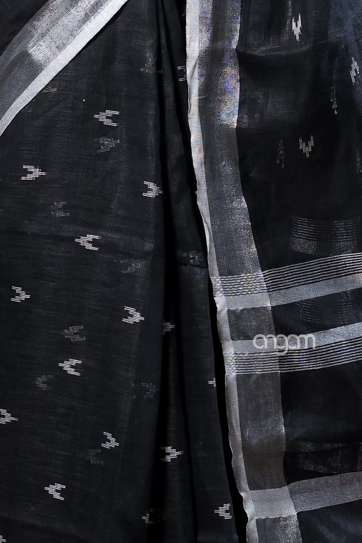 Elegant Black Linen Saree with Silver Border and Subtle Motifs