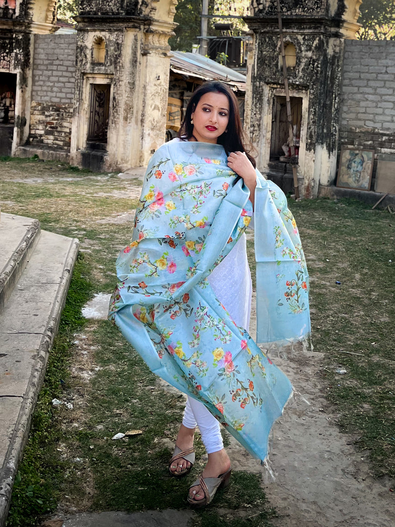 Charming Sky Blue Tussar Silk Dupatta with Floral Accents