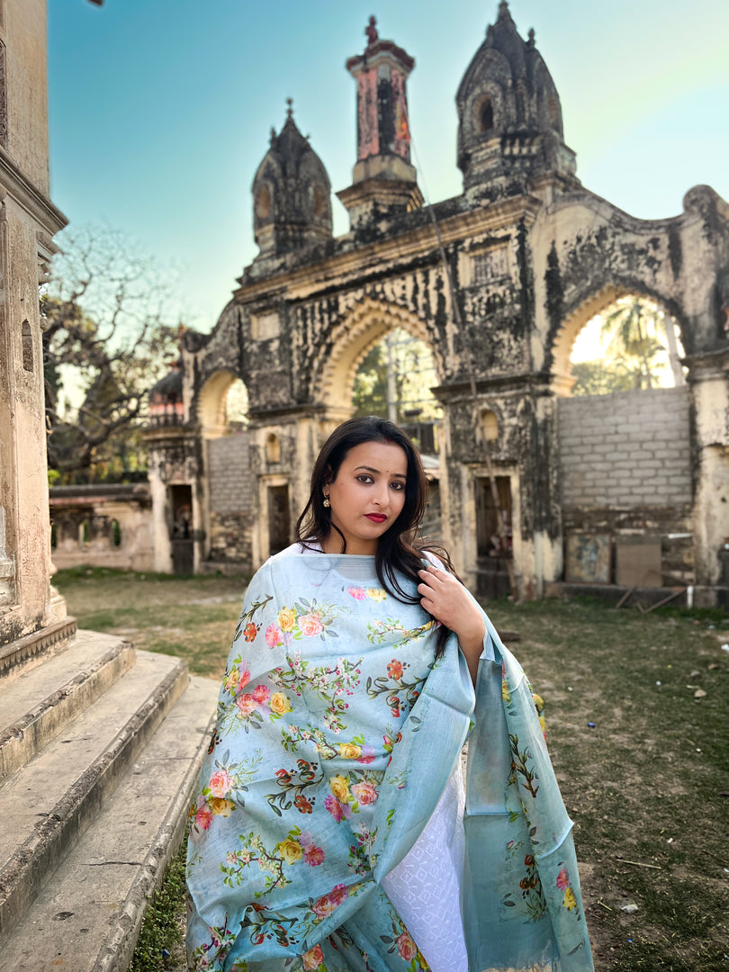 Charming Sky Blue Tussar Silk Dupatta with Floral Accents