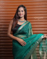 Load image into Gallery viewer, Graceful Green Organza Saree with Golden Zari Border for Elegance

