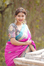 Load image into Gallery viewer, Pink and Blue Malbari Silk Saree with Elephant Motifs
