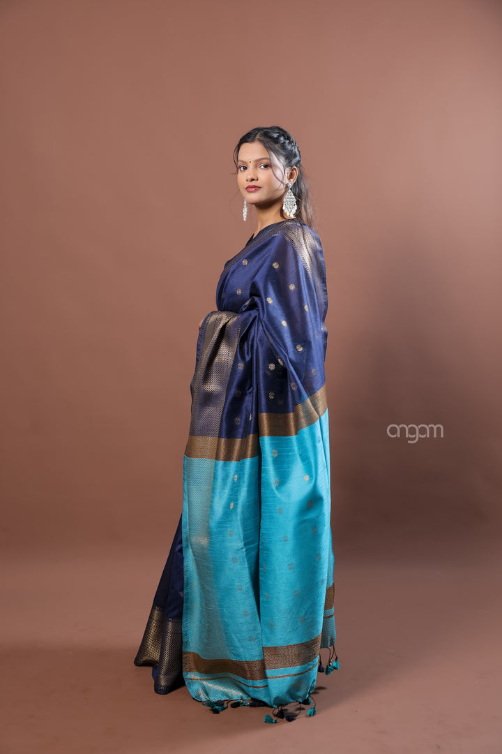 Elegant Blue Art Dupion Silk Saree with Contrast Pallu Design