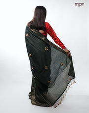 Elegant Dark Green Liva Saree with Golden Zari Motifs & Border