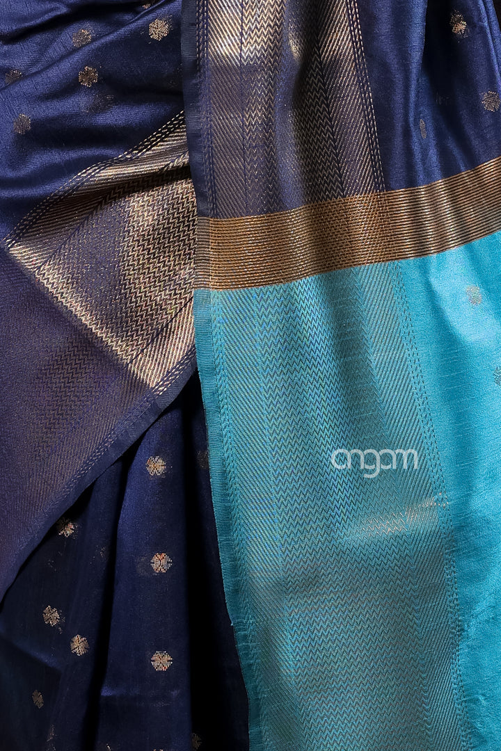 Elegant Blue Art Dupion Silk Saree with Contrast Pallu Design