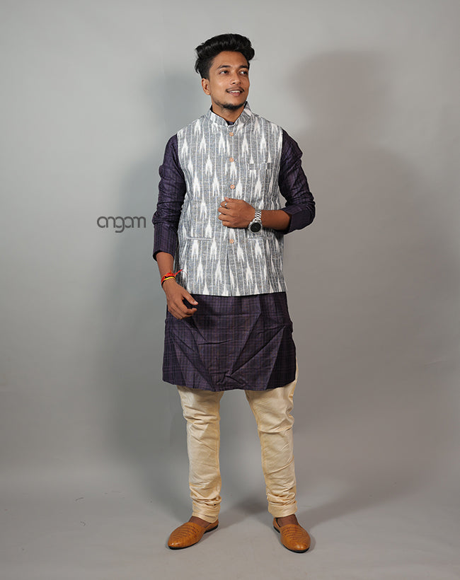 Elegant Grey Ikat Nehru Jacket for Men – Festive Wear