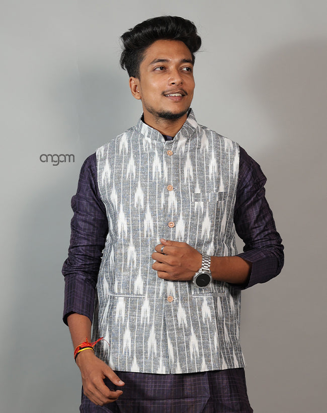 Elegant Grey Ikat Nehru Jacket for Men – Festive Wear