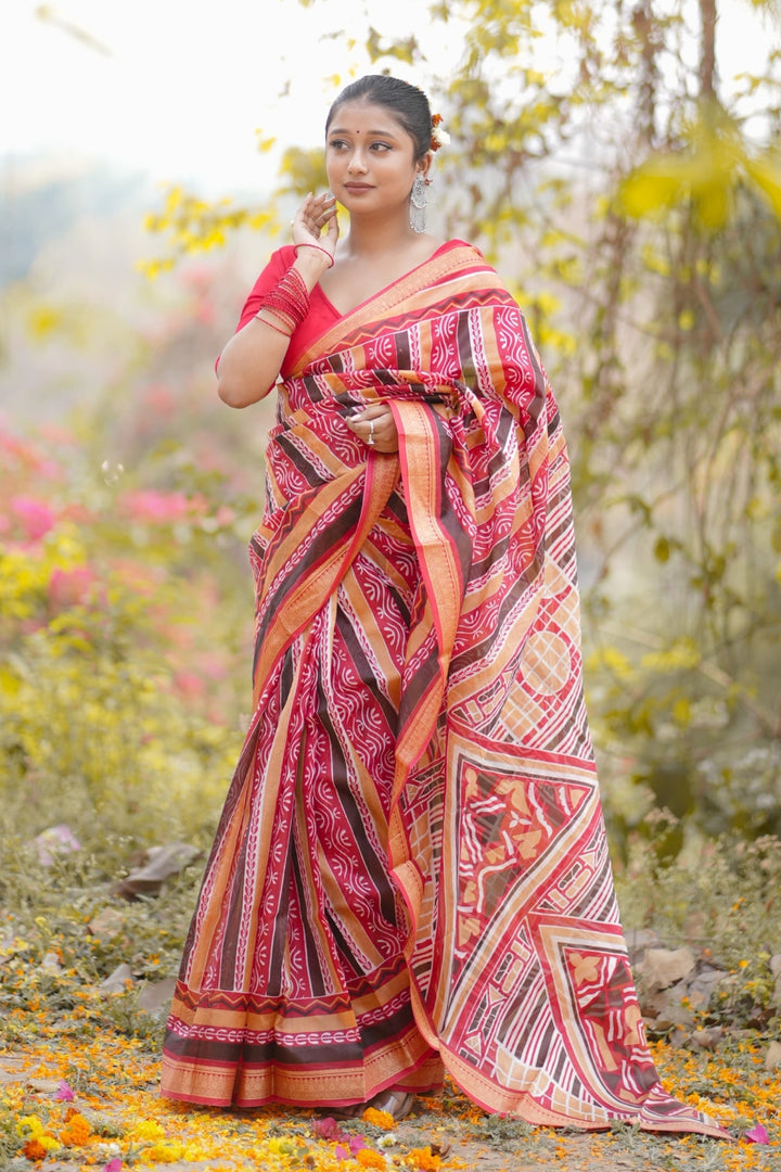 Elegant Red Malbari Silk Saree with Traditional Tribal Patterns