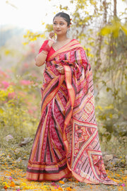 Elegant Red Malbari Silk Saree with Traditional Tribal Patterns
