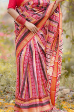 Load image into Gallery viewer, Elegant Red Malbari Silk Saree with Traditional Tribal Patterns
