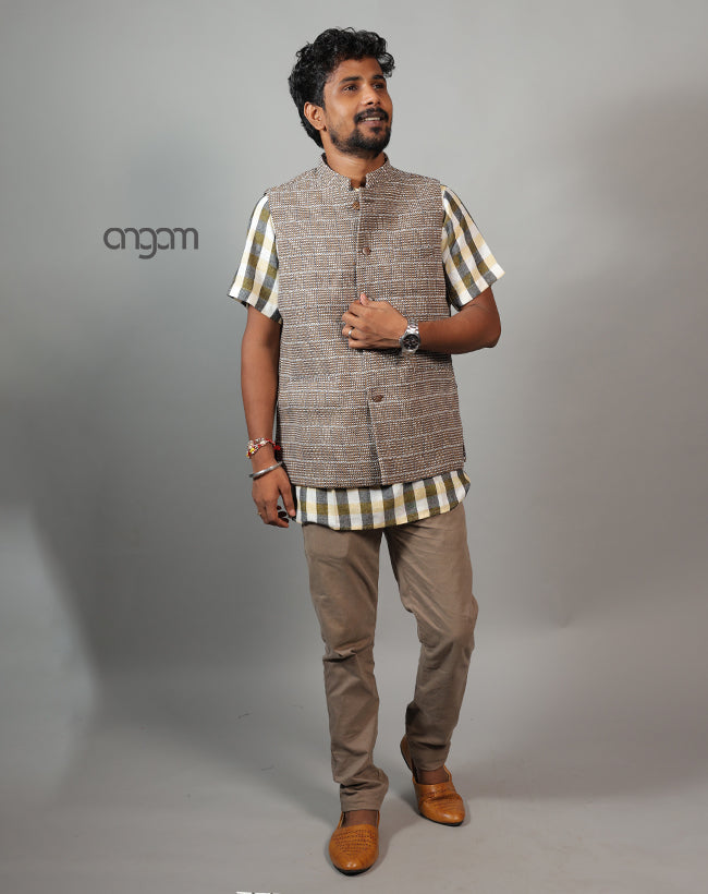 Kolika Linen Nehru Jacket with Textured Weave Design