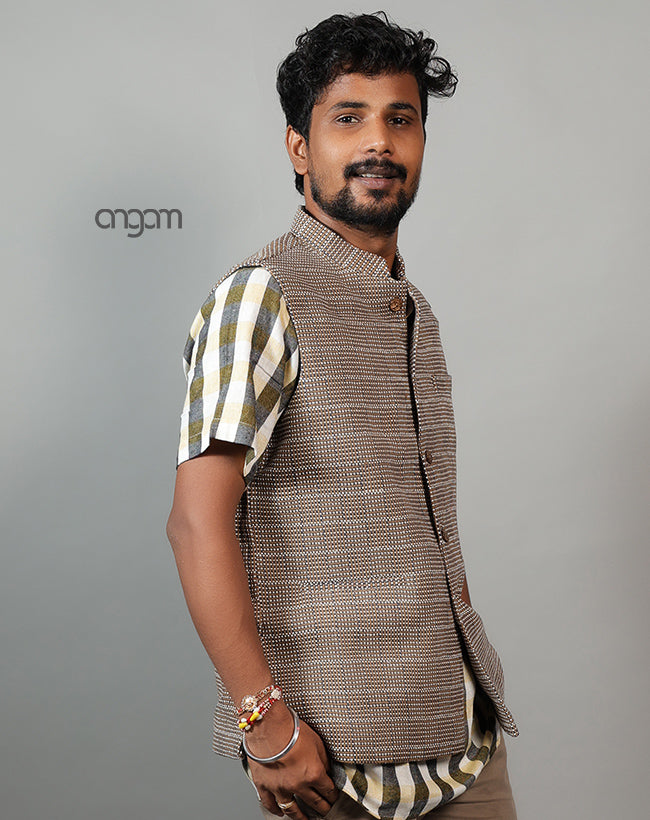 Kolika Linen Nehru Jacket with Textured Weave Design