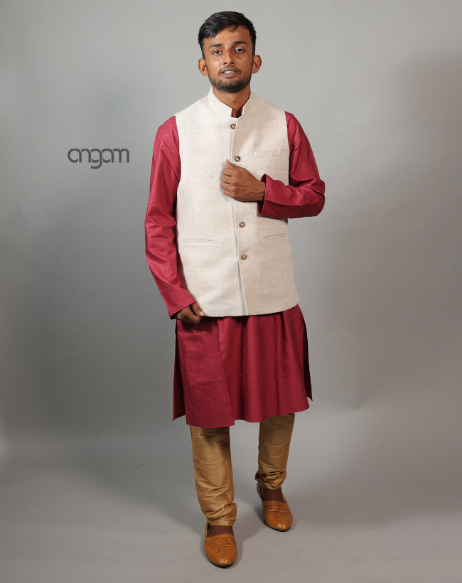 Kolika Cotton-Linen Nehru Jacket in Classic Beige