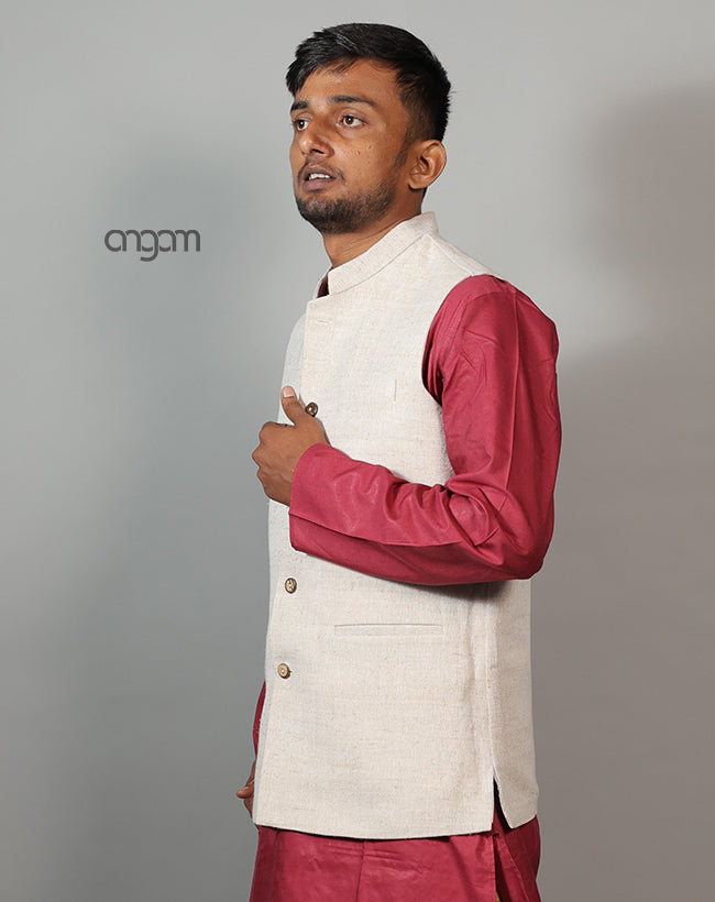 Kolika Cotton-Linen Nehru Jacket in Classic Beige