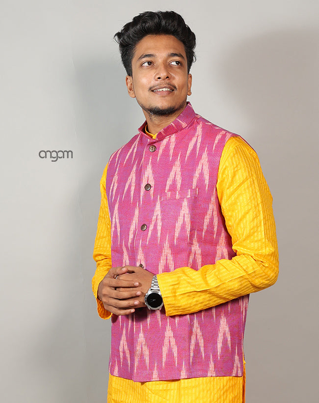 Stylish Pink Ikat Nehru Jacket for Men – Festive Wear