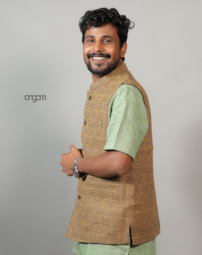 Kolika Linen Nehru Jacket in Elegant Textured Weave