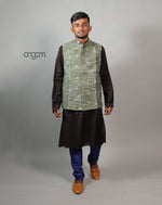 Load image into Gallery viewer, Elegant Green Ikat Nehru Jacket for Men – Festive Wear
