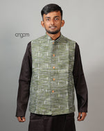 Load image into Gallery viewer, Elegant Green Ikat Nehru Jacket for Men – Festive Wear
