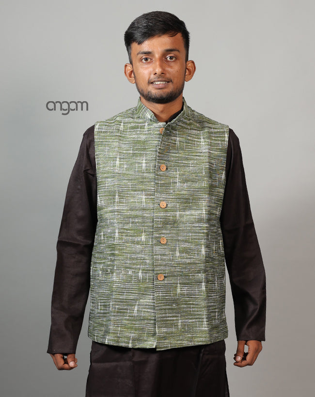 Elegant Green Ikat Nehru Jacket for Men – Festive Wear