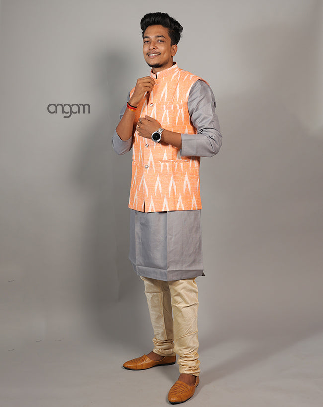 Stylish Orange Ikat Nehru Jacket for Men – Ethnic Wear